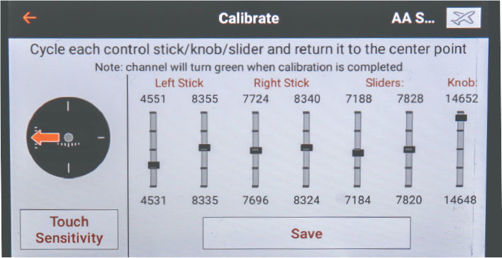 The Calibration window under System Settings allows you to ensure that you are getting full movement for each control. You can also calibrate the sensitivity of the capacitive touch switches that you define. When each control is calibrated and returned to