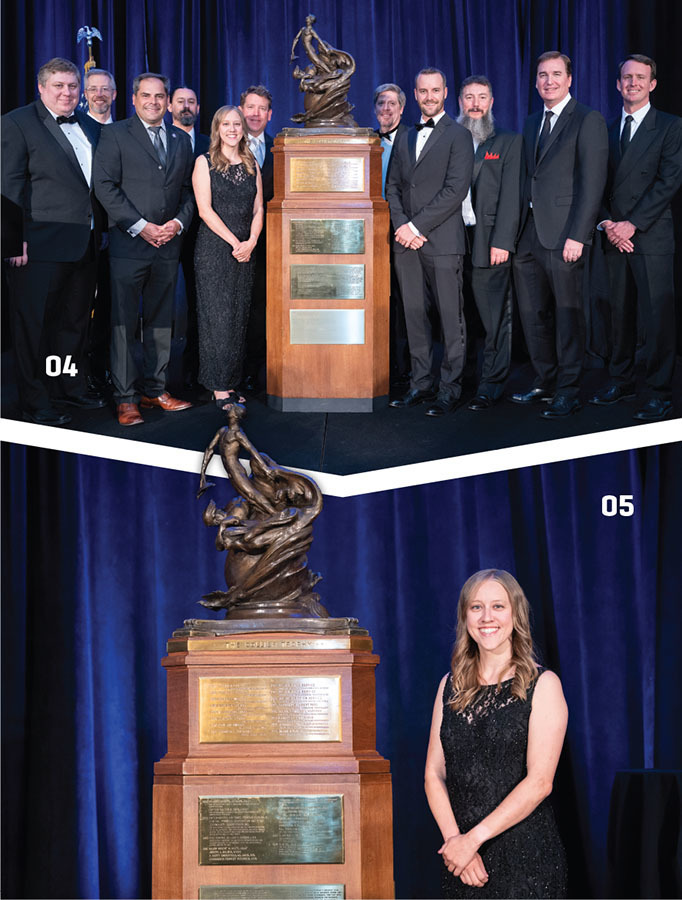 04. The AeroVironment, Inc. team poses next to the Collier Trophy following the award ceremony. Photo by Daniel Stanley. 05. Sara Langberg and the Collier Trophy. Stanley photo. 