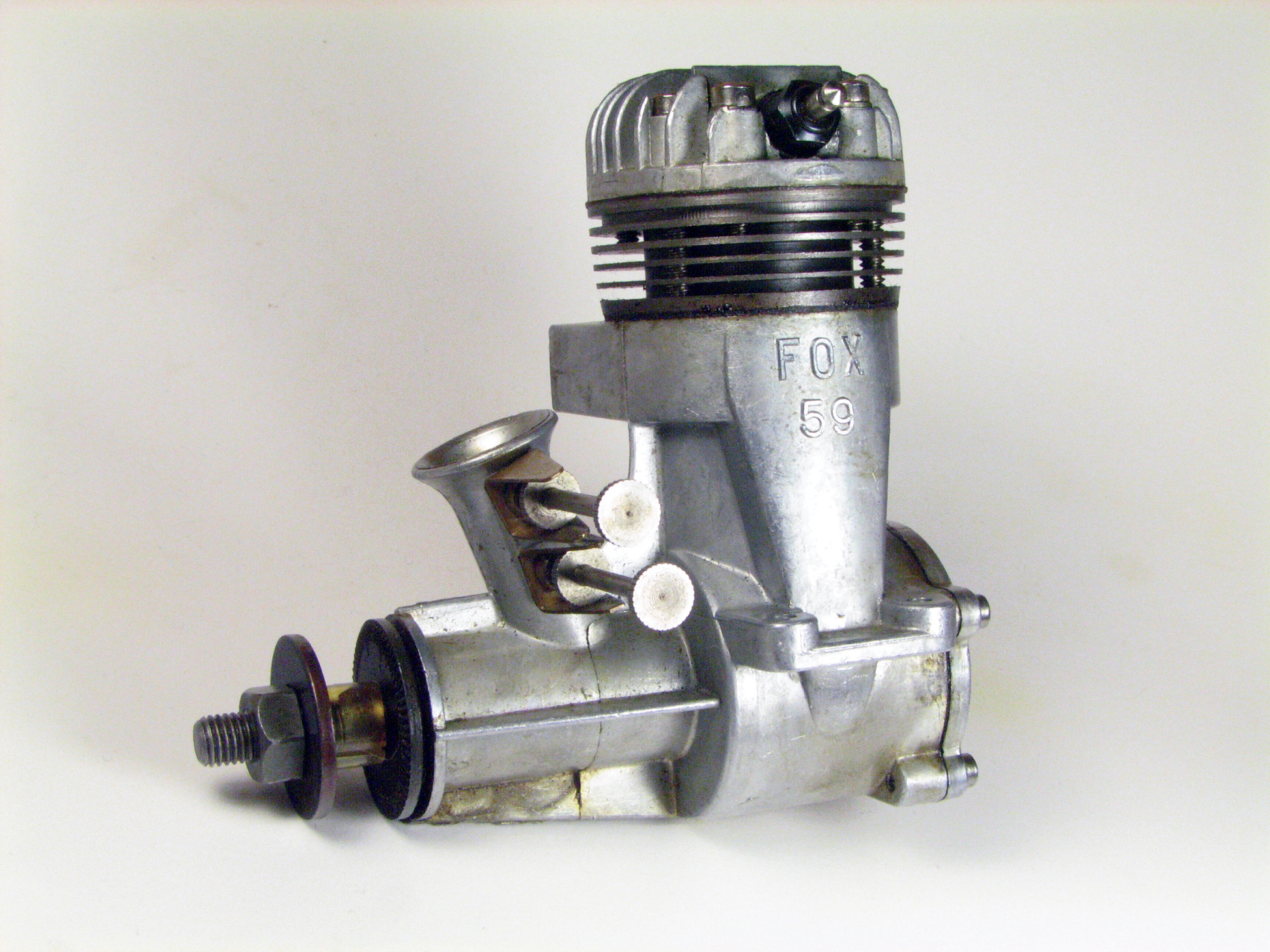  The 1954 Fox .59 cid two-speed with two needle-valve assemblies for high and low speed control.